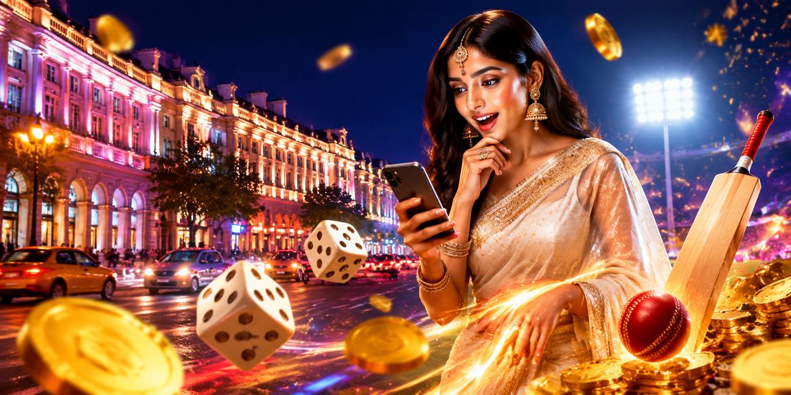 Young woman in saree checking cricket bets on mobile at Connaught Place, Delhi