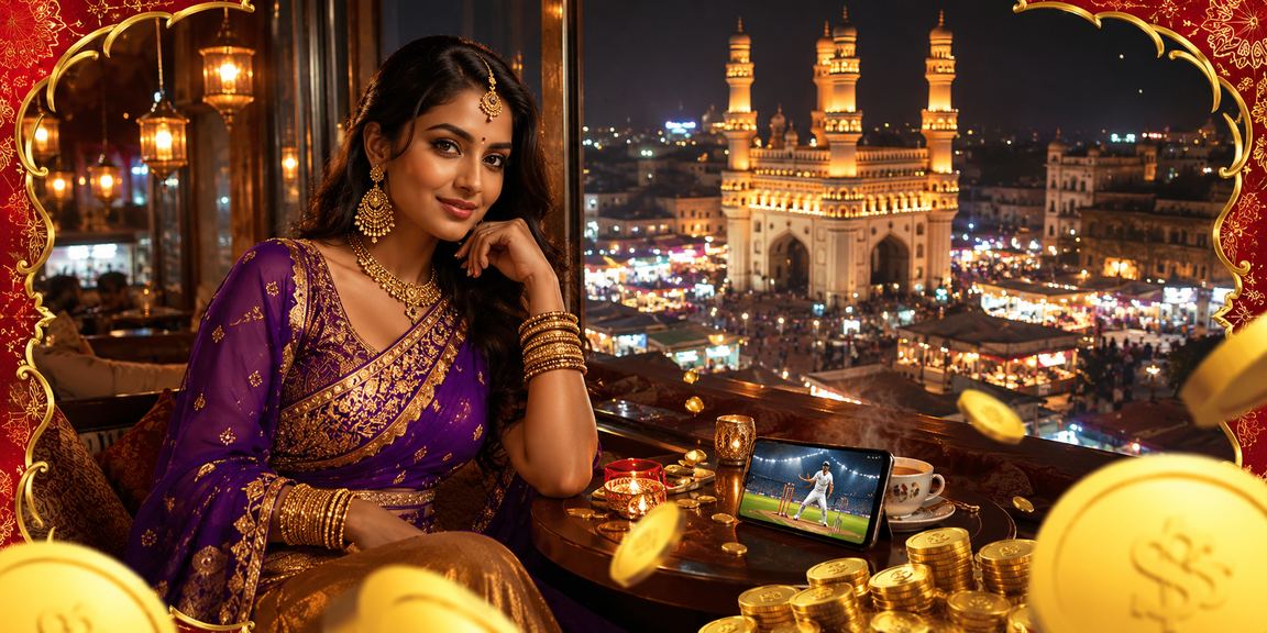 Hyderabad's famous Charminar illuminated at night with cricket and betting themes