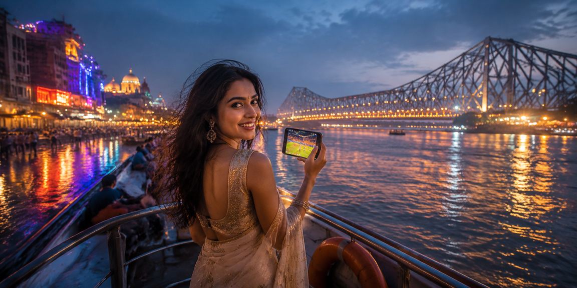 Neon-lit Howrah Bridge in Kolkata with mobile casino and sportsbook theme